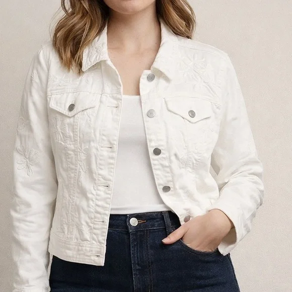 Pilcro and the Letterpress White Floral Embroidered Jean Jacket sz XL - Picture 2 of 11